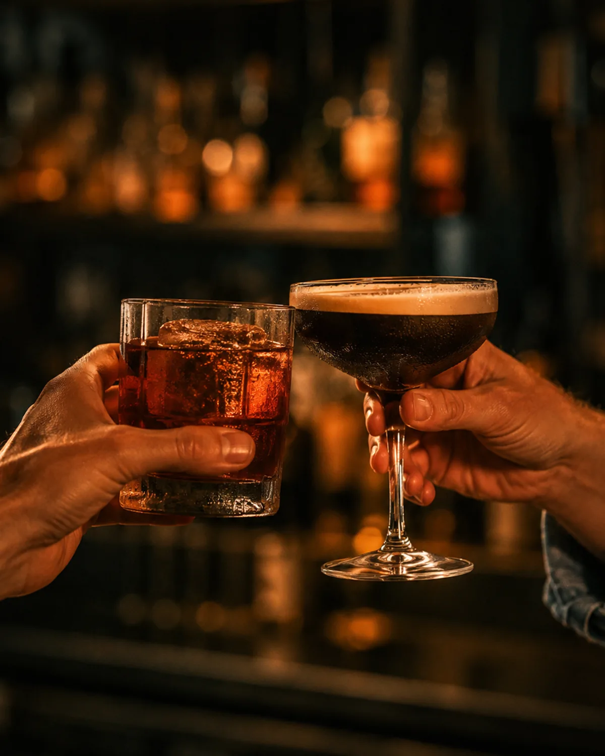 Two drinks clinking in a toast