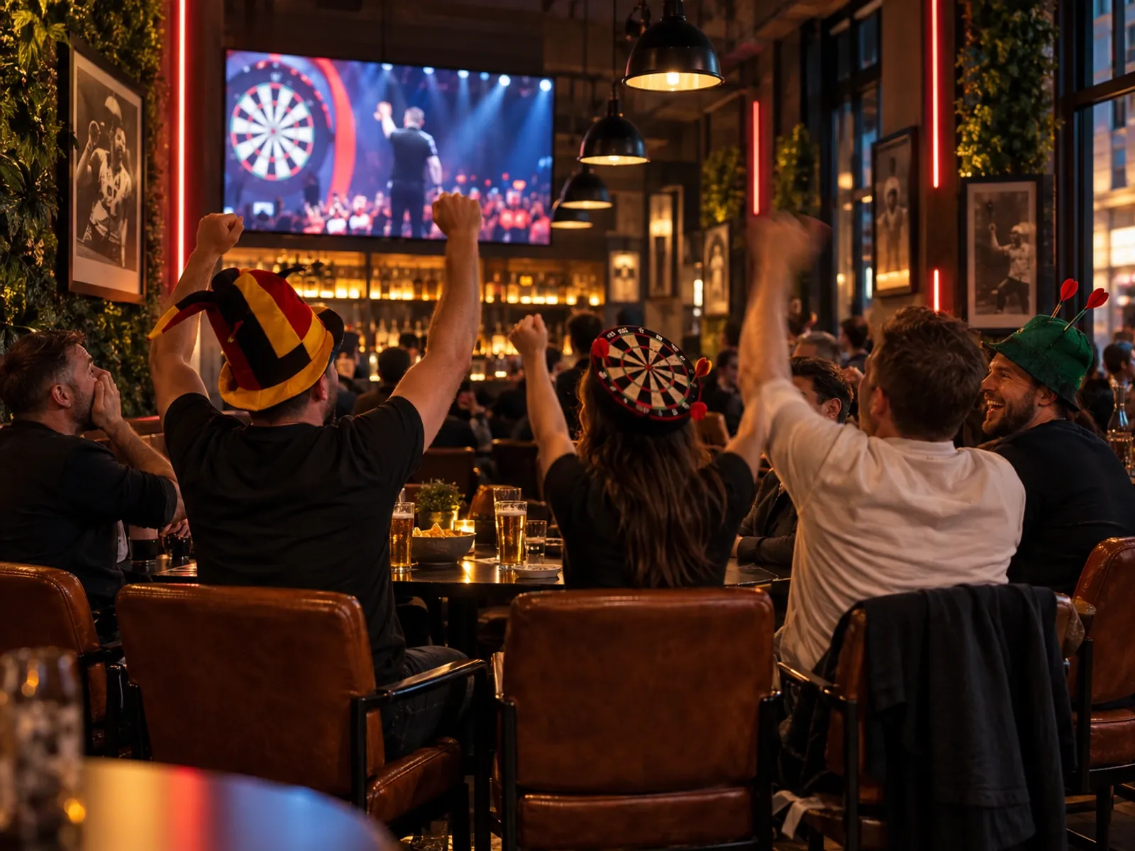 Jubelnde G&auml;ste verfolgen die Darts-WM auf dem gro&szlig;en Screen der Sportsbar