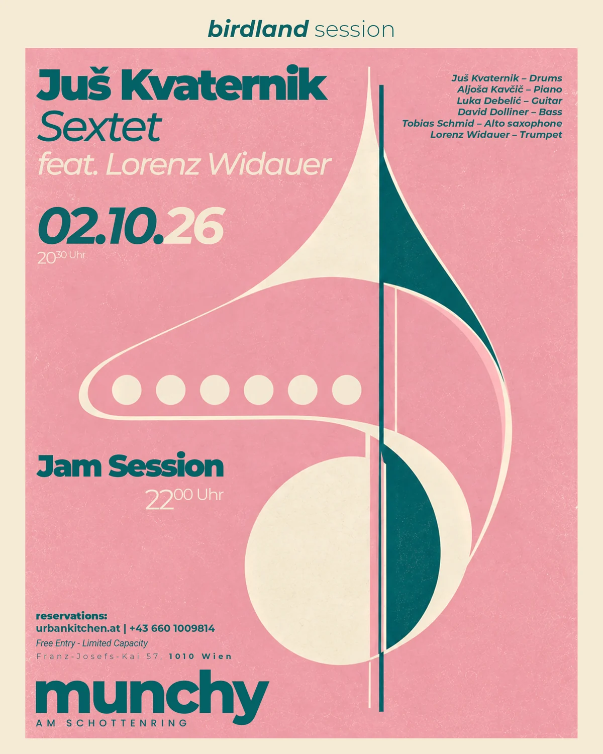 Event poster Ju&scaron; Kvaternik Sextet feat. Lorenz Widauer &ndash; Birdland Session on 2 October