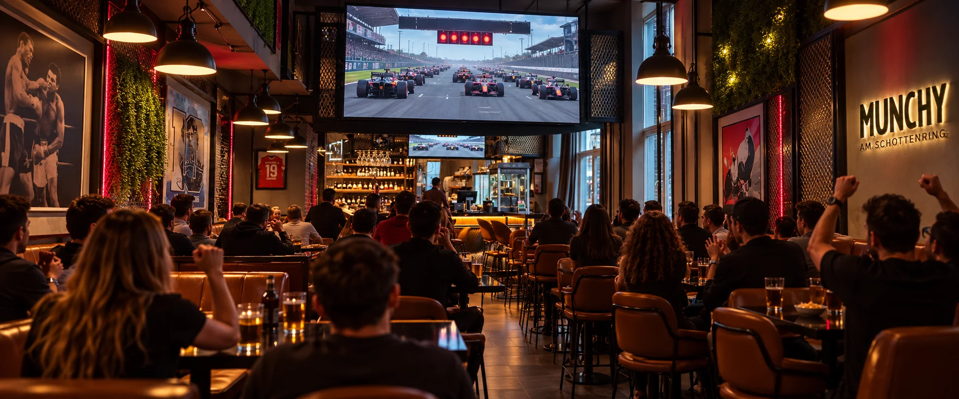 Volle Sportsbar beim Formel-1-Start &ndash; Startaufstellung auf der Screen-Wand im Munchy