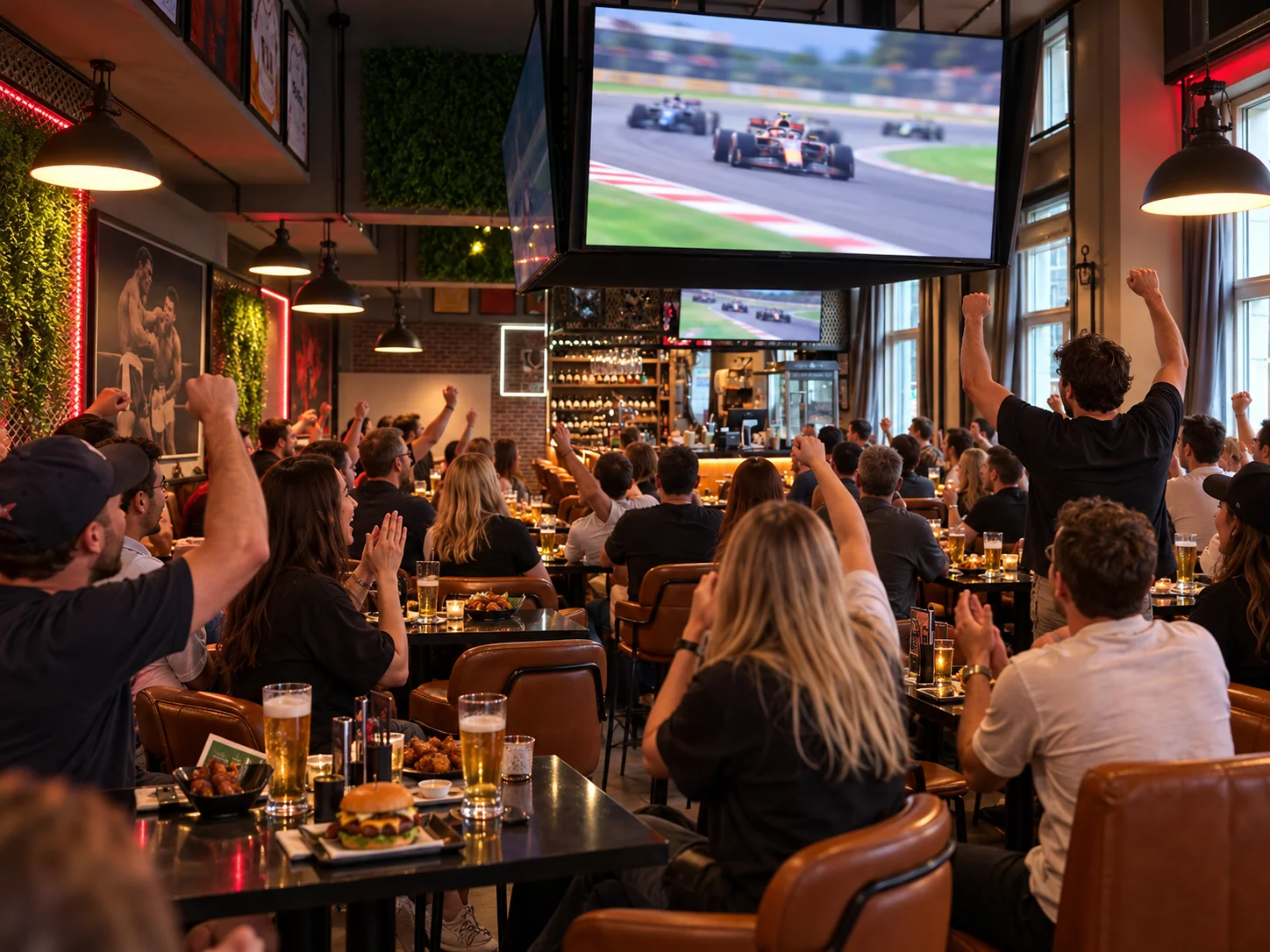 G&auml;ste jubeln beim Formel-1-Rennen in der Sportsbar