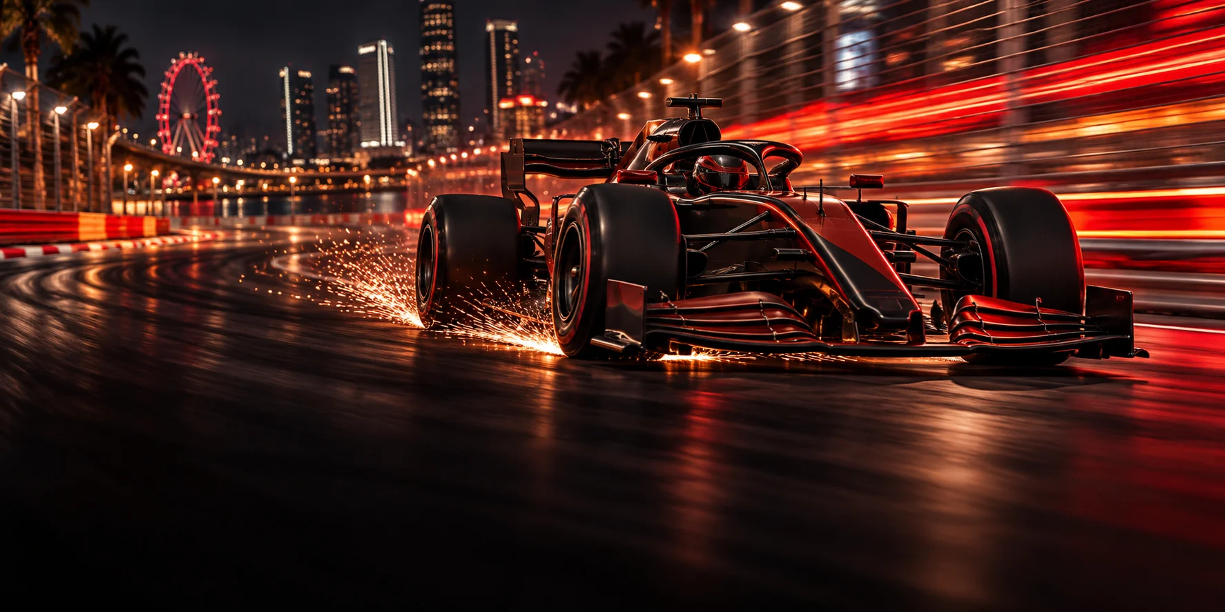 Formel-1-Rennwagen bei Nacht mit Funkenflug auf einem Stadtkurs &ndash; Formel 1 live bei Munchy
