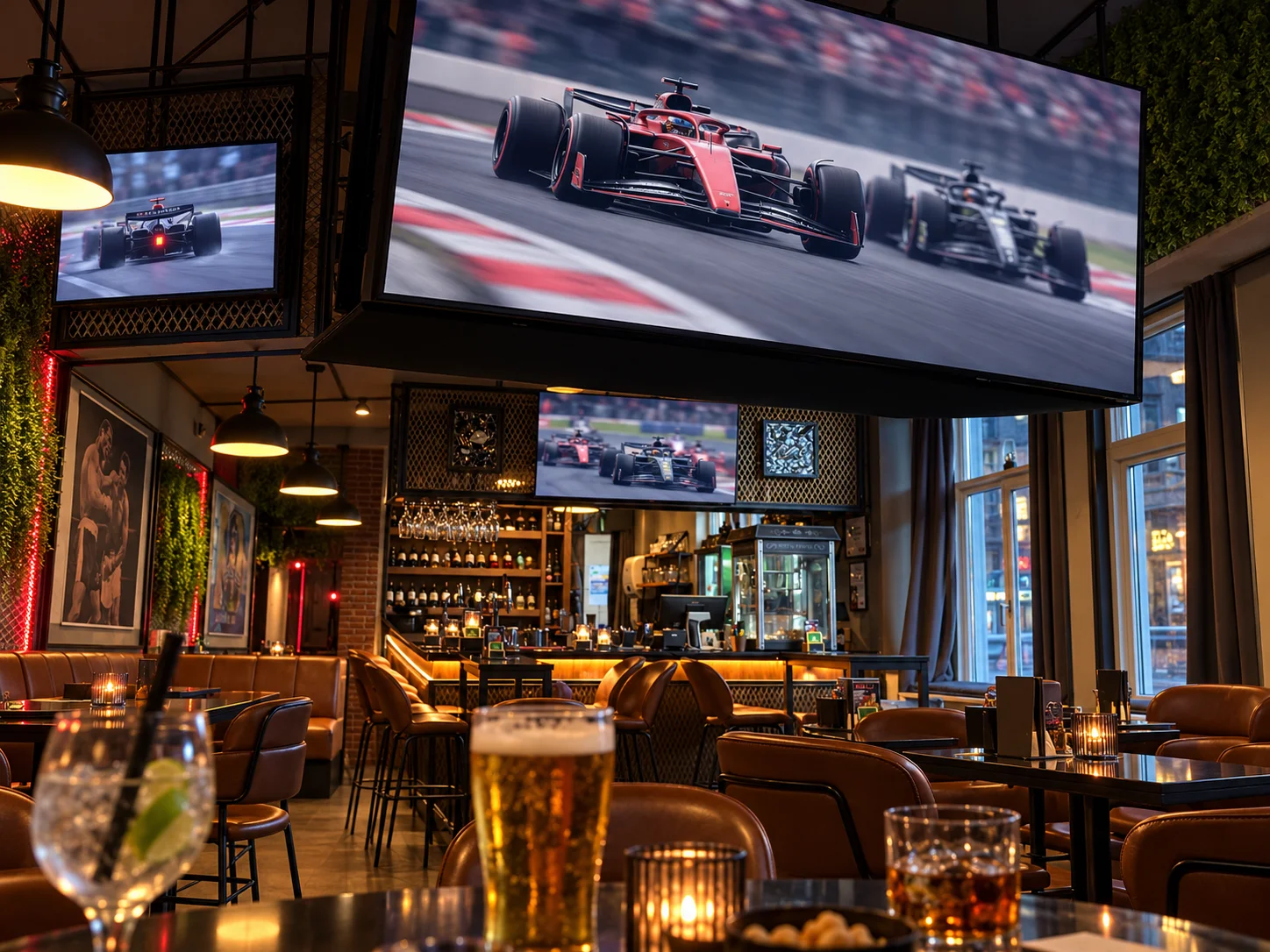 Screens im ganzen Lokal mit laufendem Formel-1-Rennen