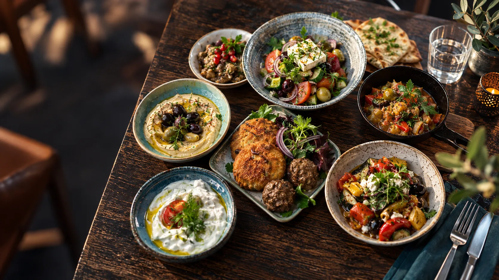 Mittagsmenü im Munchy – frisch gekochte Gerichte, Suppe und Salat auf dunklem Holztisch