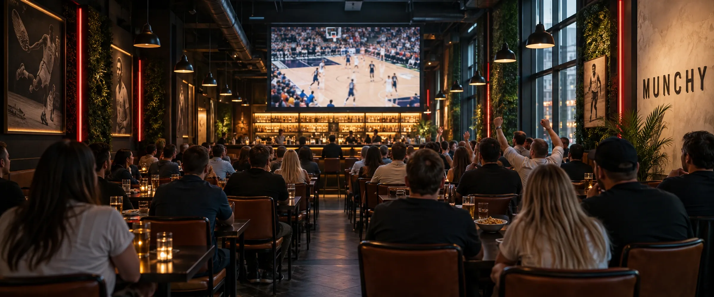 Volle Sportsbar beim NBA-Spiel auf der gro&szlig;en Screen-Wand