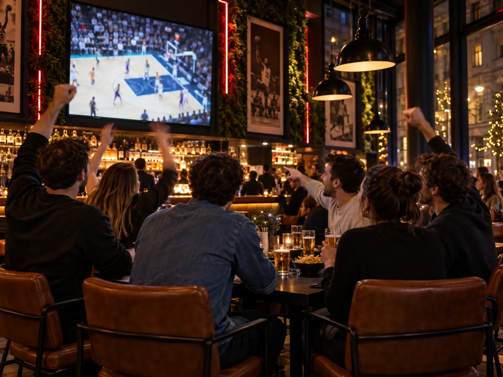 G&auml;ste verfolgen ein NBA-Spiel auf dem gro&szlig;en Screen der Sportsbar