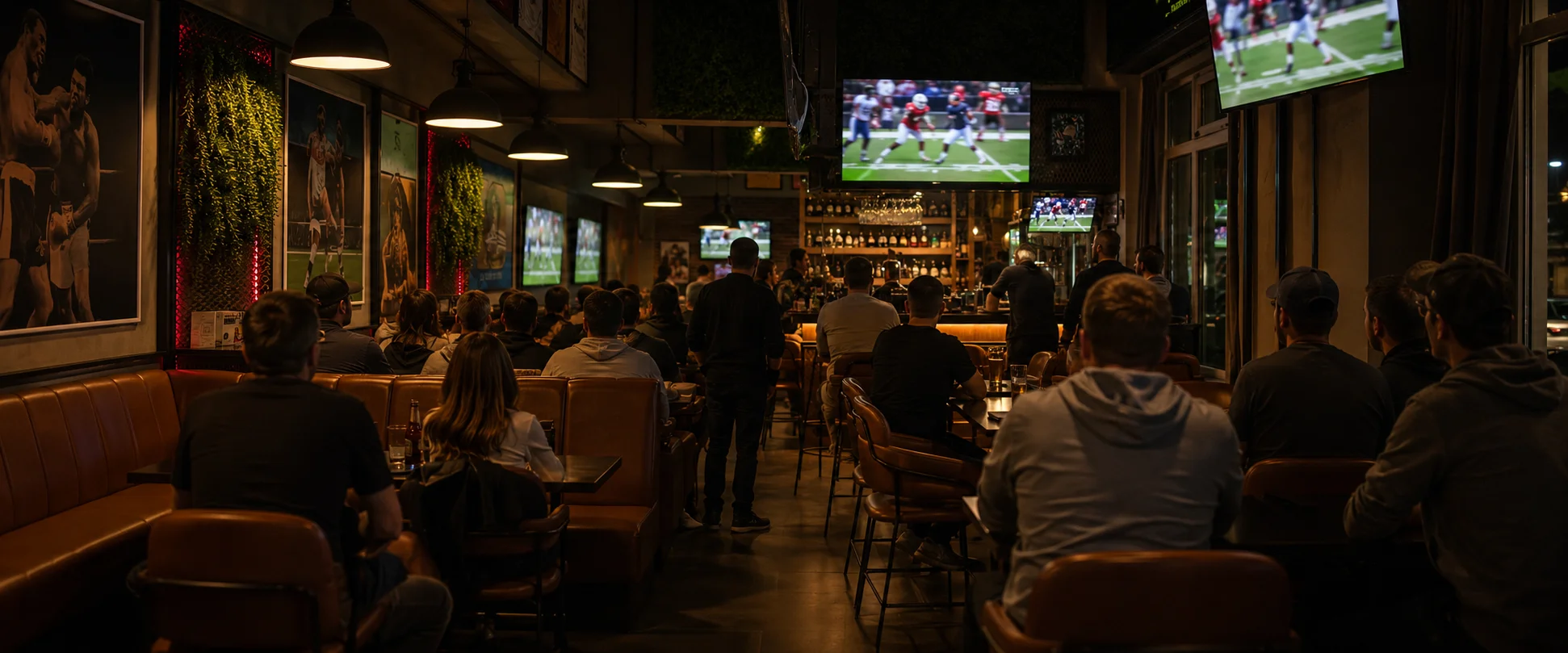 Leuchtende Screens mit Football in der dunklen Bar