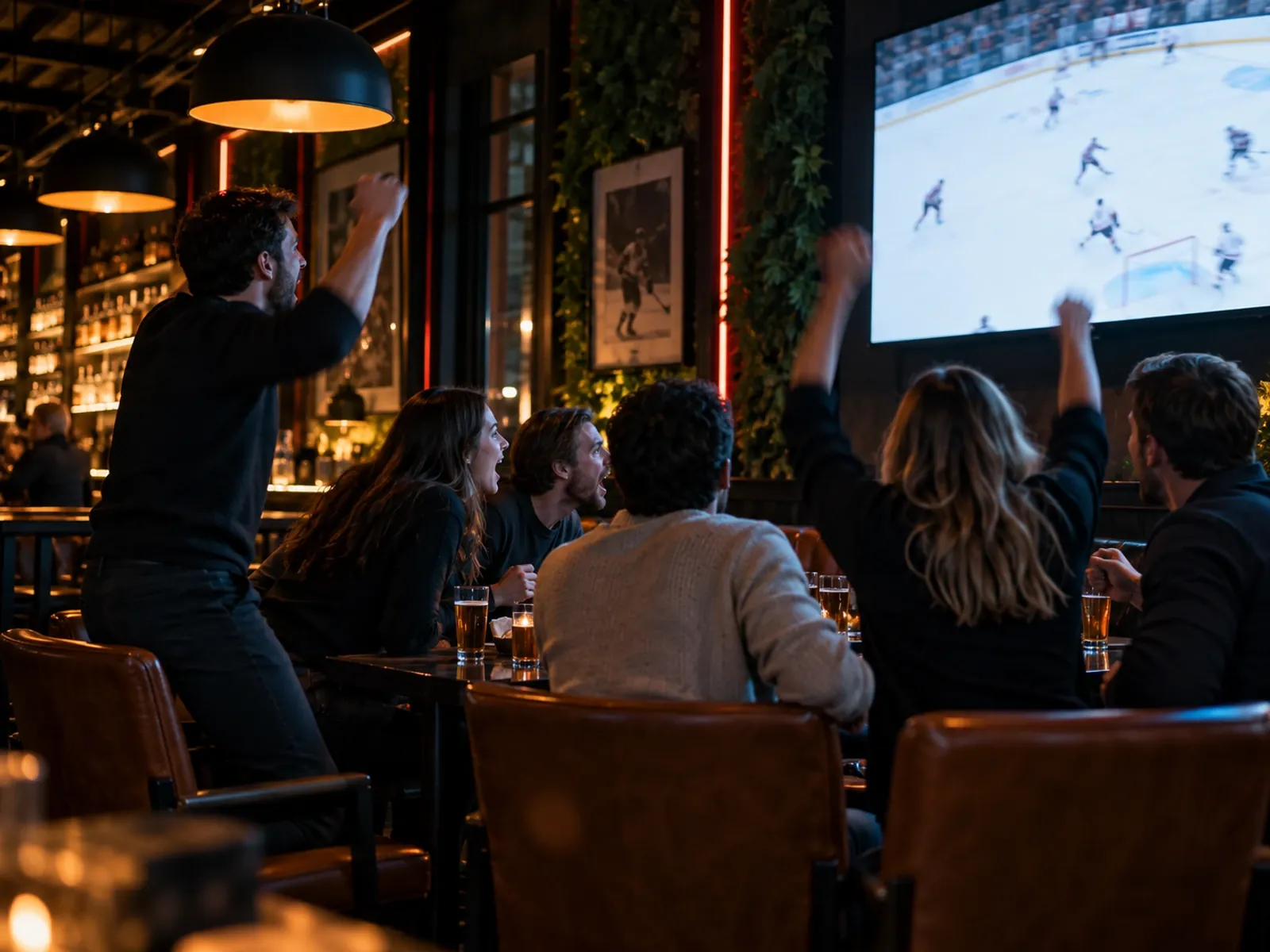 Gruppe verfolgt ein NHL-Spiel auf dem gro&szlig;en Screen der Sportsbar