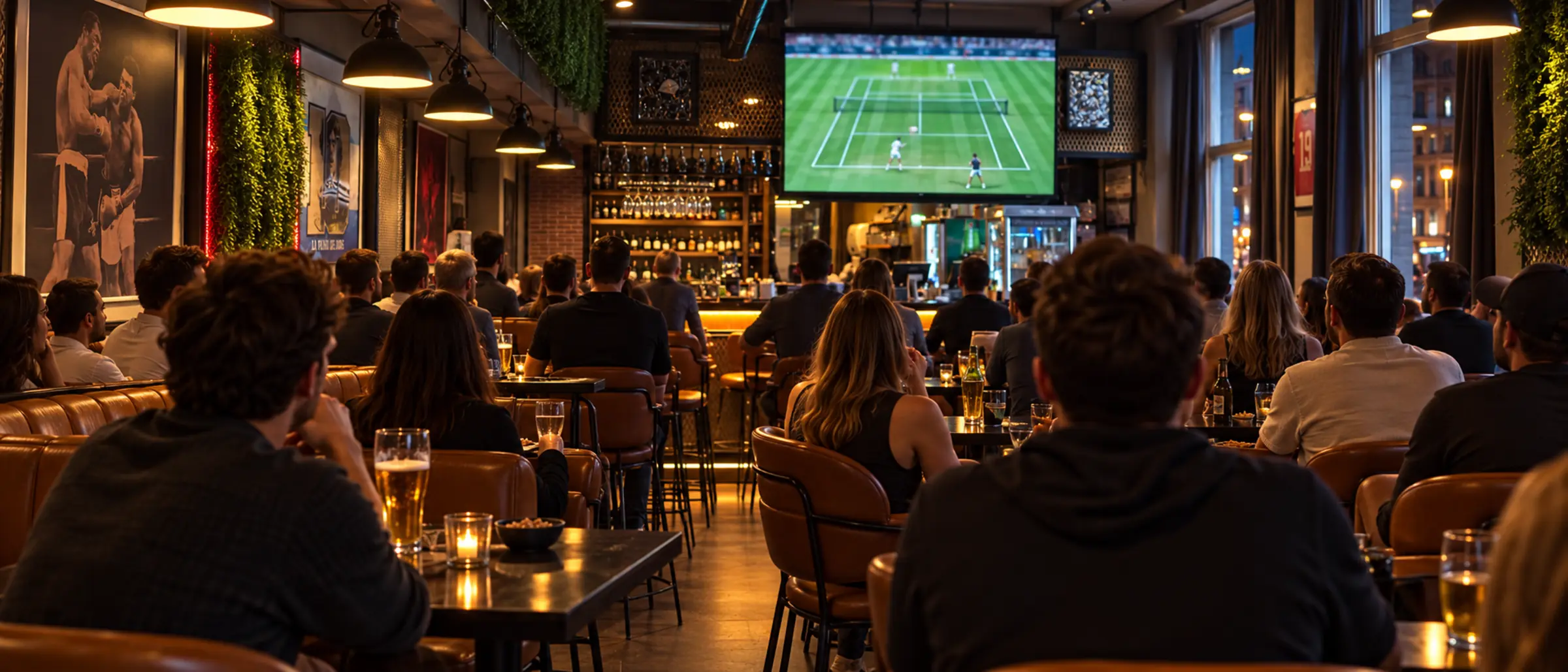 Volle Sportsbar beim Tennis-Match &ndash; Match auf der Screen-Wand im Munchy