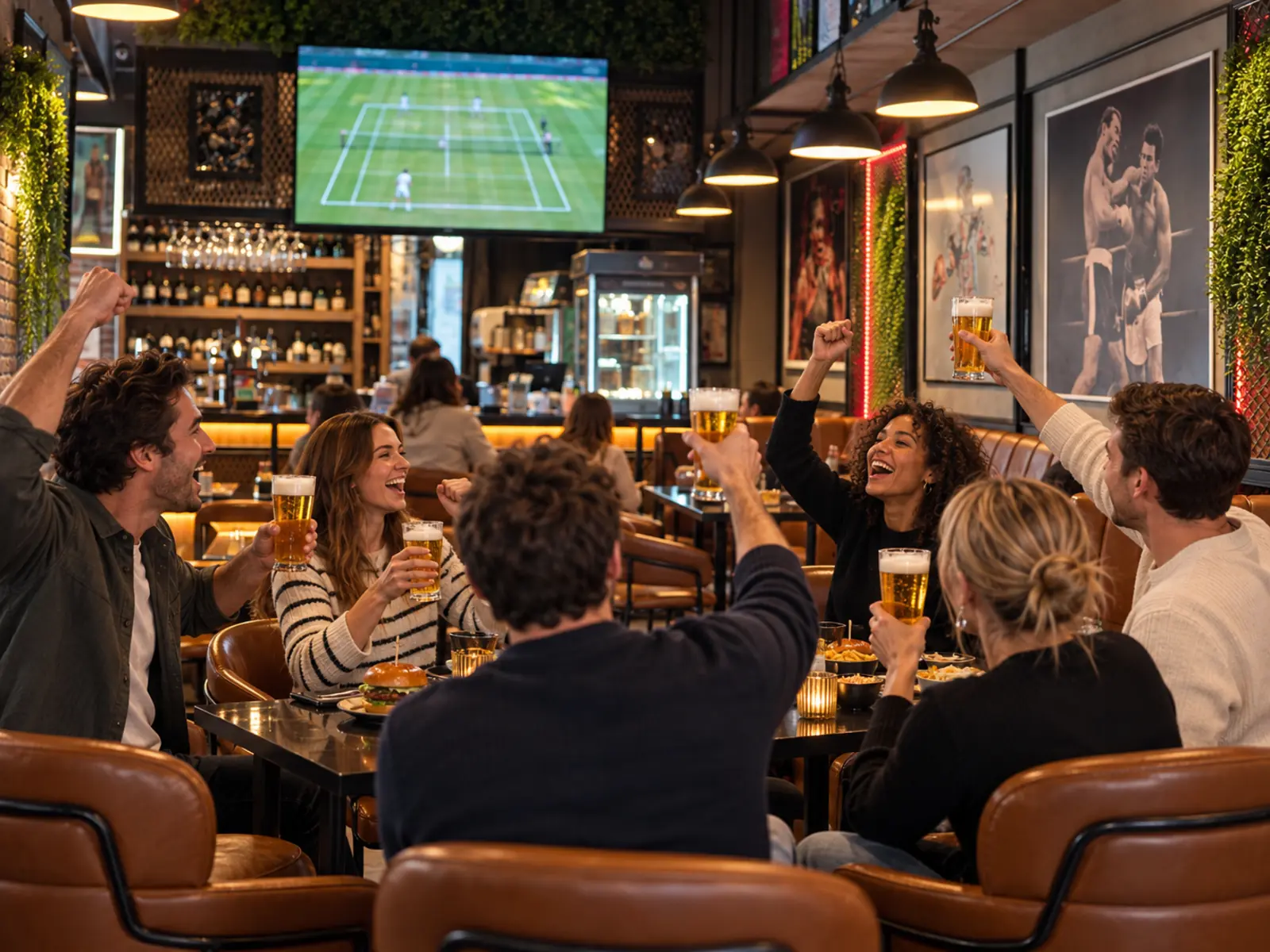 G&auml;ste jubeln beim Tennis-Match in der Sportsbar Munchy