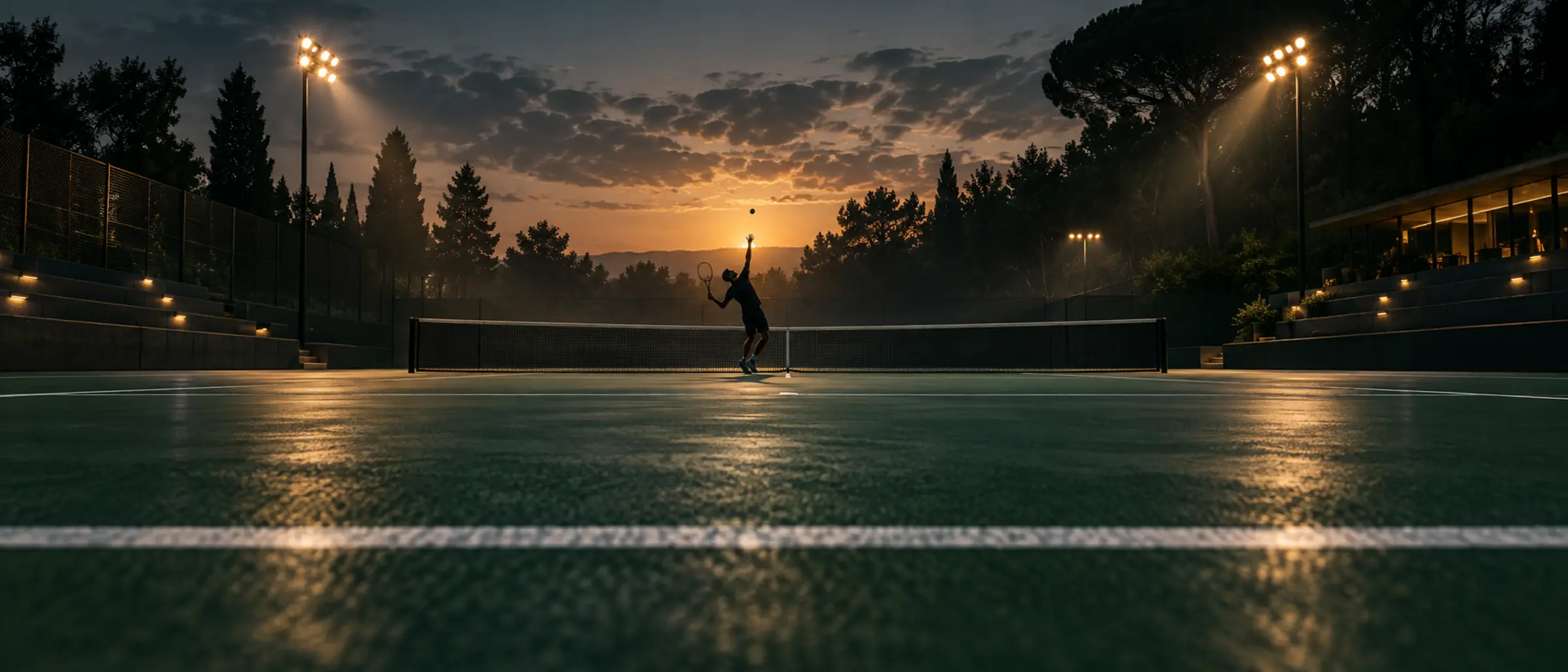 Tennisplatz bei Abendlicht mit Aufschlag-Silhouette unter Flutlicht &ndash; Tennis live bei Munchy