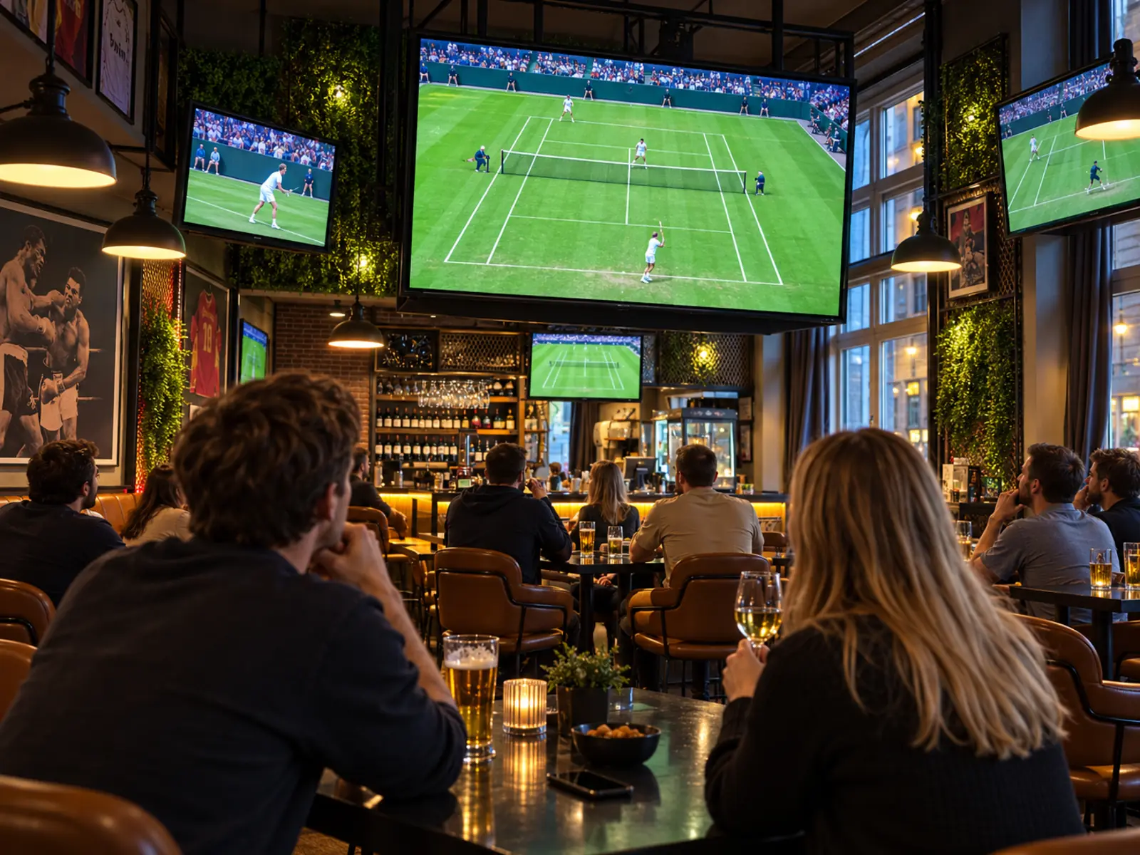 Screens im ganzen Lokal mit laufendem Tennis-Match