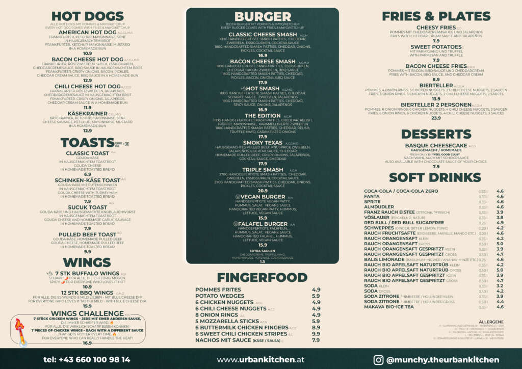 Munchy Speisekarte – Smashburger, Snacks, Wings & Cocktails in Wien